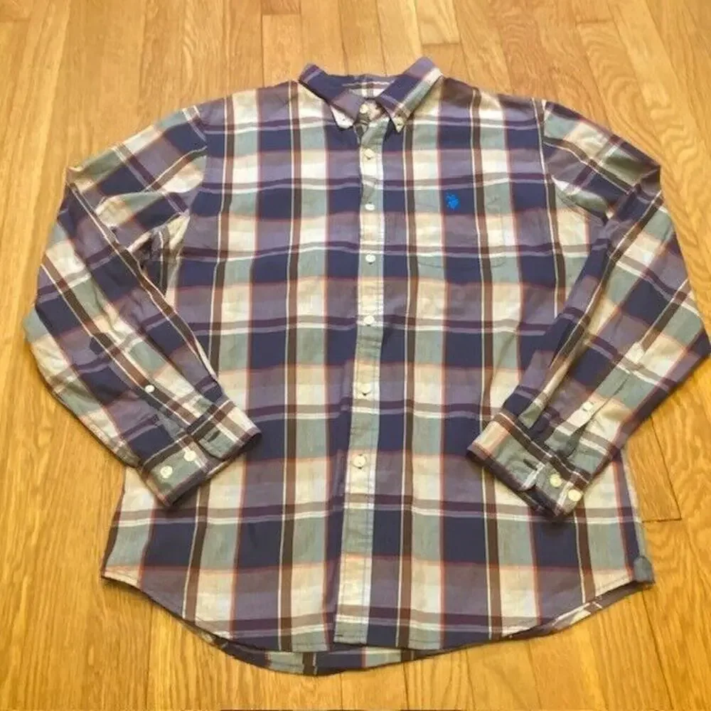 US Polo Assn Mens Medium Button Down Shirt Purple Plaid Collared Button Up Horse